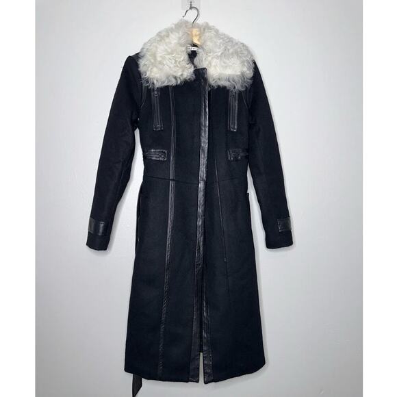 Alice + Olivia Saul Shearling-Collared Wool Blend Trench Coat Black Size Small - Picture 2 of 11